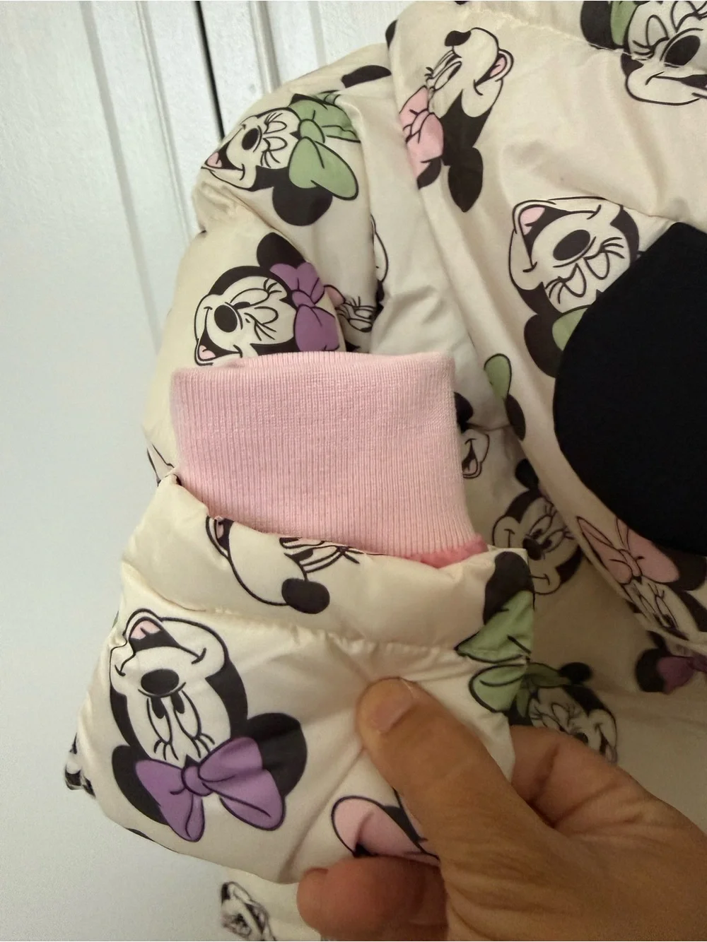 Disney Cream Minnie Mouse Hooded Puffer Jacket with Pink Bow & Black Ear Details